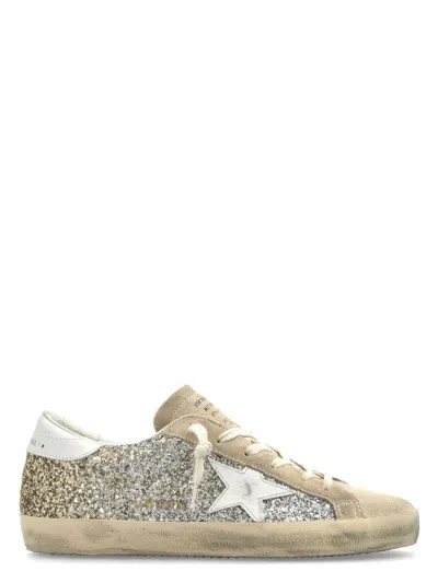 GOLDEN GOOSE WOMEN'S SUPER-STAR CLASSIC WITH LIST GLITTER UPPER SUEDE TOE AND TONGUE LEATHER STAR AND HEEL SNEAKE