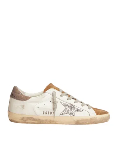 Golden Goose Superstar Glittered Distressed Leather And Suede Sneakers In White Tobacco Silver