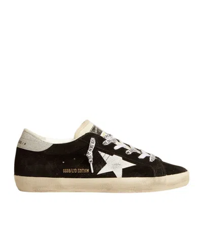 Golden Goose Women's Super-star Ltd In Black Suede With White Printed Star And Silver Glitter Heel Tab
