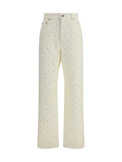 GOLDEN GOOSE GOLDEN GOOSE WOMEN WHITE DENIM PEARL AND CRYSTAL EMBROIDERED PANTS