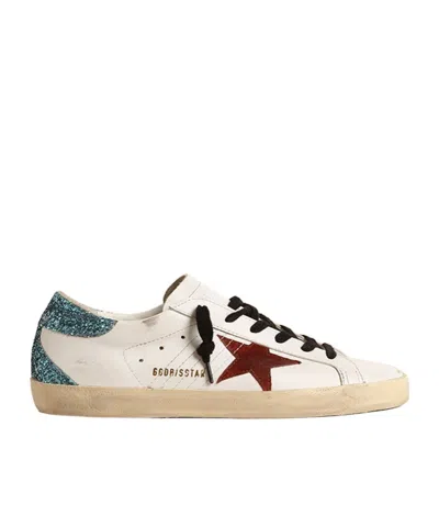 Golden Goose Womens Super-star With Burgundy Suede Star And Light Blue Glitter Heel Tab In Nude