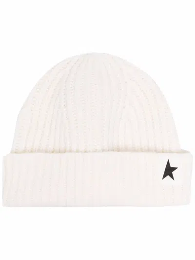 Golden Goose Wool Beanie With Black Front Printed Logo In White