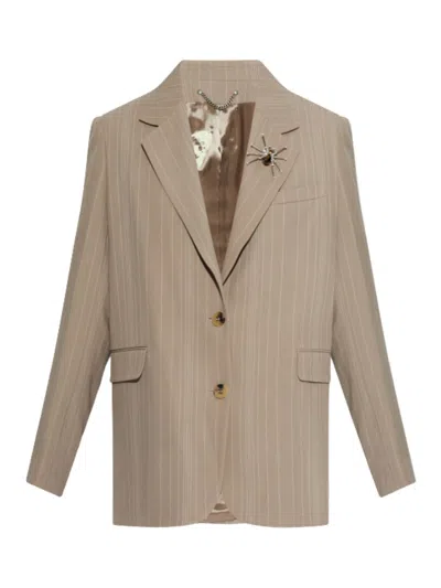 Golden Goose Wool Blazer With Striped Pattern And Sparkling Collar Detail In Neutral