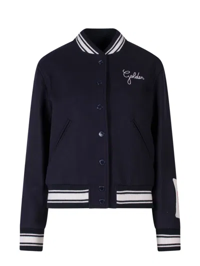 Golden Goose Wool Blend Bomber With Embroidered Logo In Blue