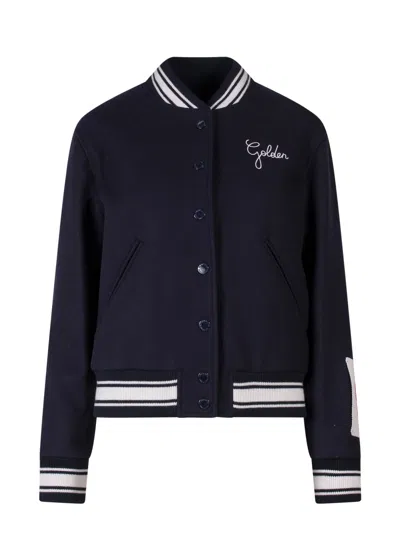 Golden Goose Wool Blend Bomber With Embroidered Logo In Blue