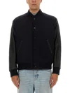 Golden Goose Wool Bomber Jacket And Leather Sleeves In Blue