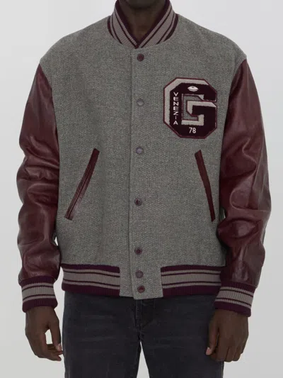 Golden Goose Wool Bomber Jacket With Leather Sleeves In Melange Grey/ Vineyard Wine