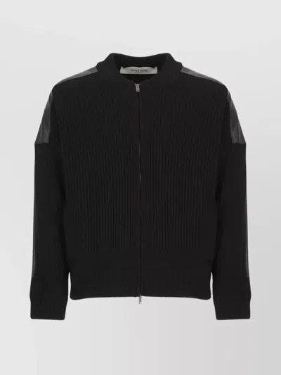 Golden Goose Wool Cardigan With Leather Shoulder Panels In Black
