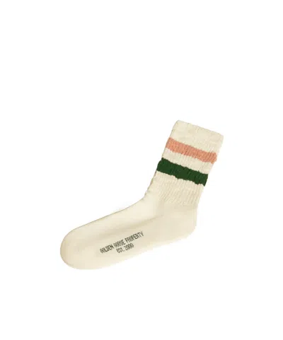 Golden Goose Worn-white Socks With Distressed Details And Pink And Green Stripes In Nude