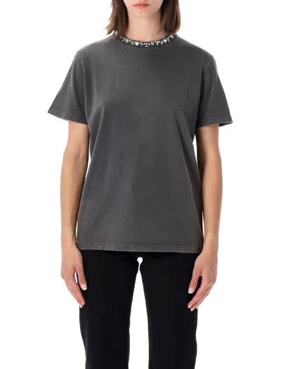 Golden Goose -inspired Distressed Cotton T-shirt With Crystal Cabochon Detail In Gray