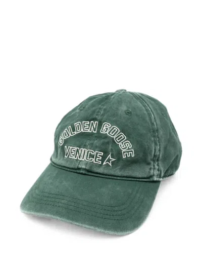 Golden Goose -inspired Washable Cotton Twill Hat With Worn-look Finish And Embroidered Logo In Green
