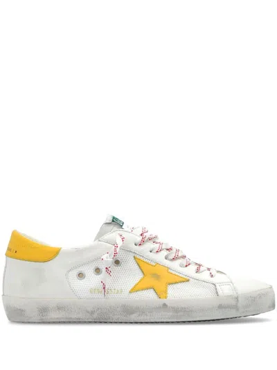 Golden Goose Mens Super-star In Mesh And Nappa Leather With Yellow Leather Star And Heel Tab In White