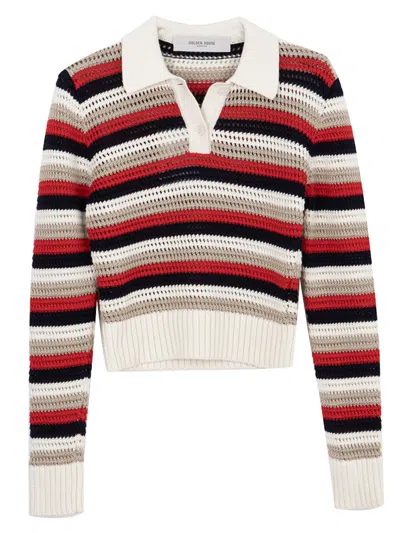 Golden Goose -style Cropped Cotton Knit Polo Shirt With Striped Pattern In Multi