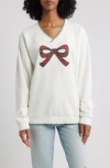 Golden Hour Bow Appliqué V-neck Graphic Sweatshirt In White