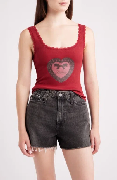 Golden Hour Delicate Heart Lace Trim Graphic Tank Top In Red