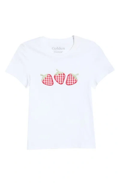 Golden Hour Gingham Strawberries Graphic T-shirt In White