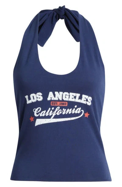 Golden Hour La Cali Varsity Halter Cotton Top In Blue