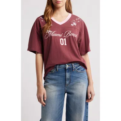 Golden Hour Miami Beach Cotton Graphic Football T-shirt In Oxblood Red/romance Rose