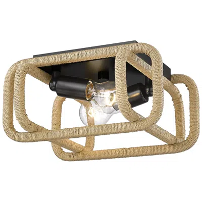 Golden Lighting Camden 11 1/2" Wide Flush Mount In Matte Black With Natural Raphia Rop