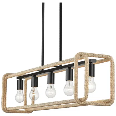 Golden Lighting Camden 41 1/8" Wide Linear Pendant In Matte Black With Natural Raphia