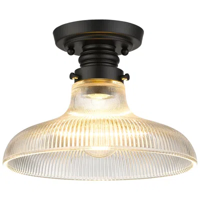 Golden Lighting Clary 10" Wide Matte Black Ribbed Glass Ceiling Light