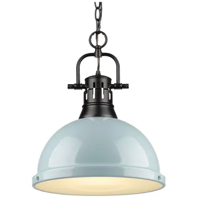 Golden Lighting Duncan 14"w Matte Black Chain Pendant Light W/ Seafoam Shade