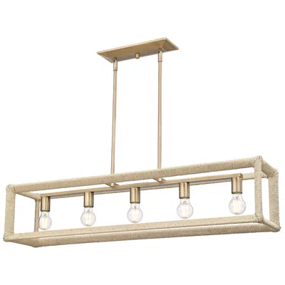 Golden Lighting Kimber Linear Pendant In Modern Brass With Light Natural Rattan Accents
