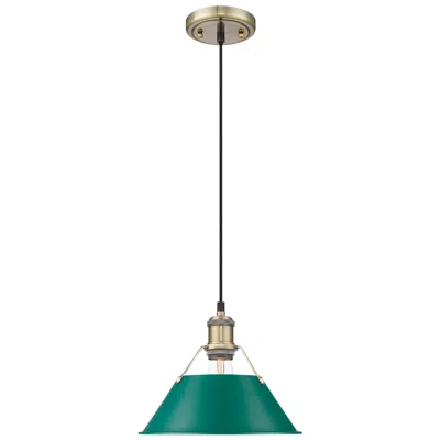 Golden Lighting Orwell 10" Wide Medium Pendant In Aged Brass With Pine Green