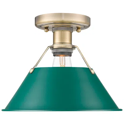 Golden Lighting Orwell 1-light Flush Mount In Aged Brass With Pine Green