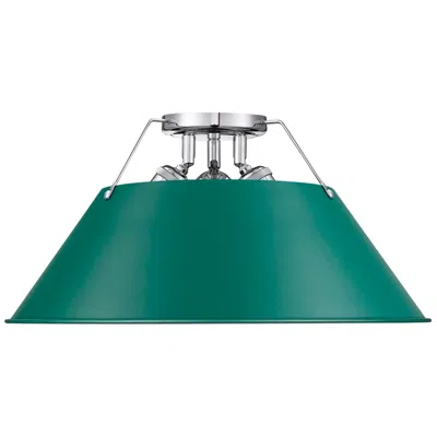 Golden Lighting Orwell 3-light Flush Mount In Chrome With Pine Green