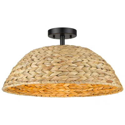 Golden Lighting Rue 18 3/4" Wide Matte Black 3-light Semi-flush With Woven Sweet Grass
