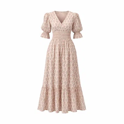 Golden Lotus Women's Neutrals Lilienne - Handblocked Smocked Midi Dress