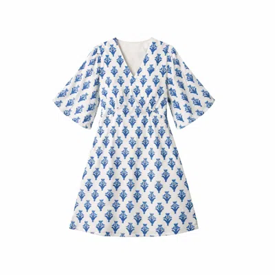 Golden Lotus Women's White / Blue Soreia - Back-button Fit & Flare Dress