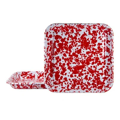 Golden Rabbit Enamelware 10.5" Square Plates, Set Of 2 In White;red