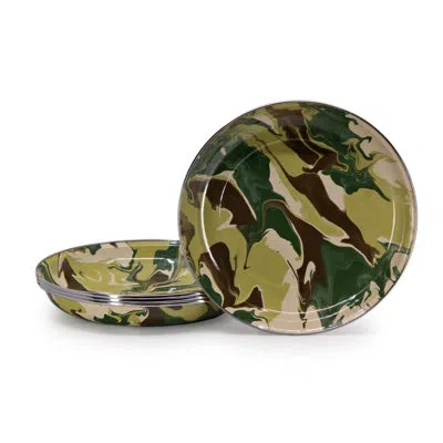 Golden Rabbit Enamelware Camouflage 10" Pasta Plates, Set Of 4 In Brown;green;ivory