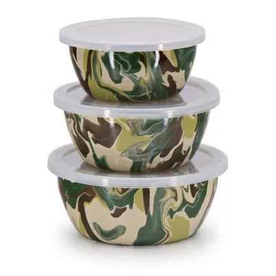 Golden Rabbit Enamelware Camouflage Set Of 3 Nesting Bowls With Lids In Brown;green;beige