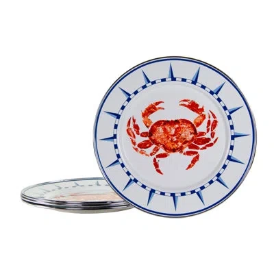 Golden Rabbit Enamelware Crab House 10.5" Dinner Plates, Set Of 4 In Blue;white;orange