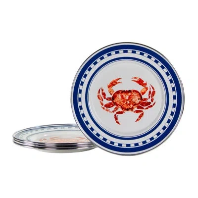 Golden Rabbit Enamelware Crab House 8.5" Salad Plates, Set Of 4 In Blue;white;orange