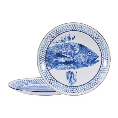 Golden Rabbit Enamelware Fish Camp 12.5" Chargers, Set Of 2 In Blue