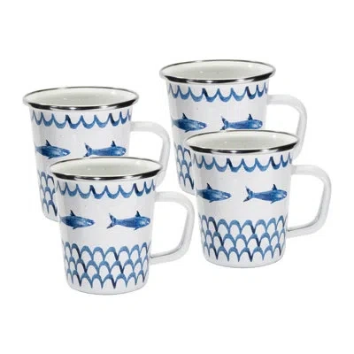 Golden Rabbit Enamelware Fish Camp 16 Oz. Latte Mugs, Set Of 4 In Blue
