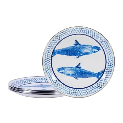 Golden Rabbit Enamelware Fish Camp 8.5" Salad Plates, Set Of 4 In Blue