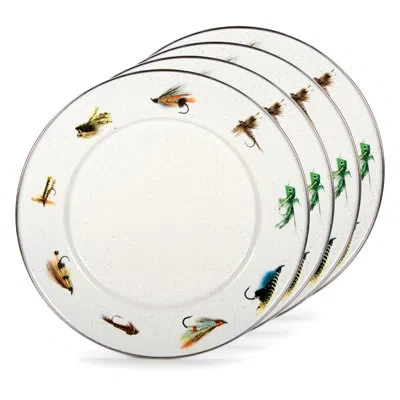 Golden Rabbit Enamelware Fishing Fly 10.5" Dinner Plates, Set Of 4 In Multi