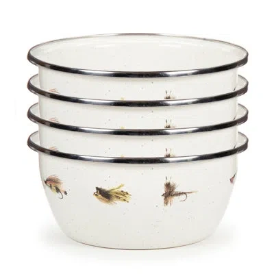 Golden Rabbit Enamelware Fishing Fly 24 Oz. Salad Bowls, Set Of 4 In White;yellow