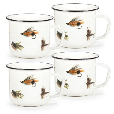 Golden Rabbit Enamelware Fishing Fly Grande Mugs, Set Of 4 In White