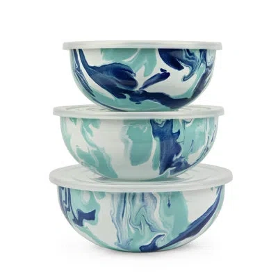 Golden Rabbit Enamelware Lagoon Set Of 3 Large Mixing Bowls With Lids In Blue;teal