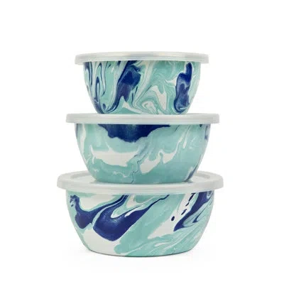 Golden Rabbit Enamelware Lagoon Set Of 3 Nesting Bowls With Lids In Blue,turquoise,white,silver