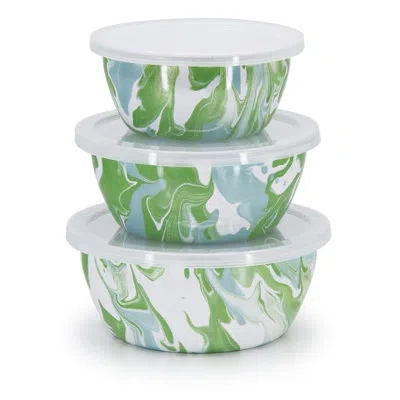 Golden Rabbit Enamelware Modern Monet Set Of 3 Nesting Bowls With Lids In Blue;green