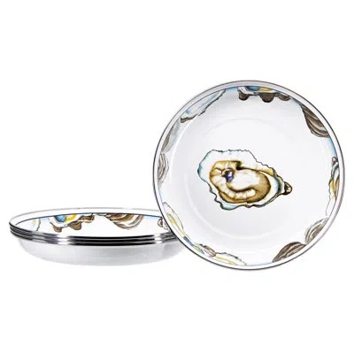 Golden Rabbit Enamelware Oyster 10" Pasta Plates, Set Of 4 In Brown;white
