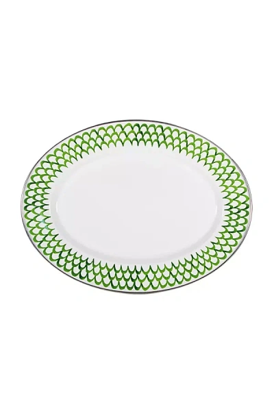Golden Rabbit Green Scallop Enamelware Oval Platter