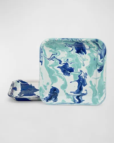 Golden Rabbit Lagoon Square Trays, Set Of 2 In Lagoon, Marbled, Blue, Teal, White